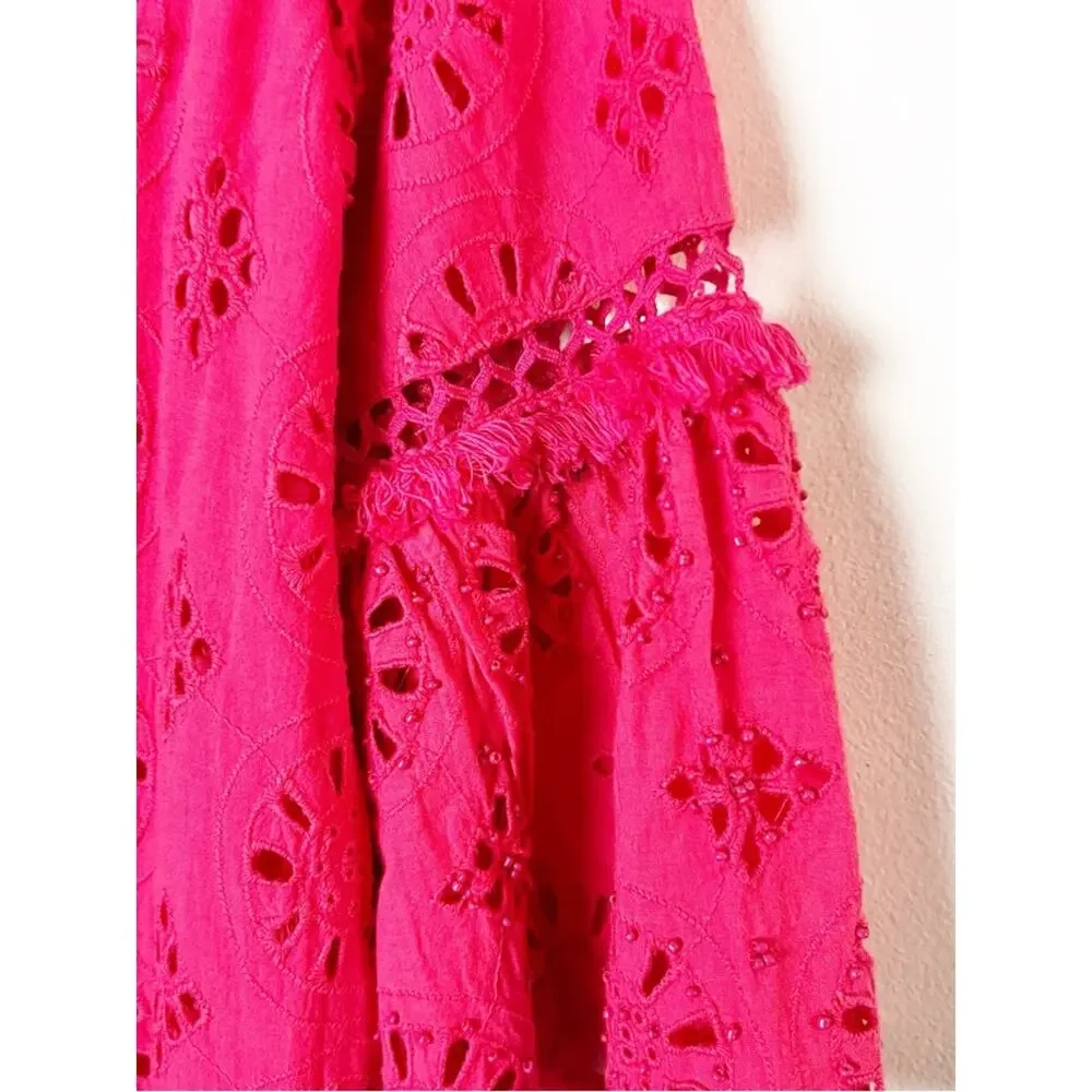 NWT SZ 4 Anthropologie Hot Pink Eyelet Ruffle Shift Dress